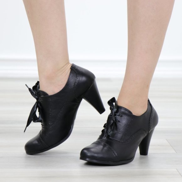 Laced-Up Low Cut Ankle Boots Women's Heeled Oxford - Picture 5 of 15